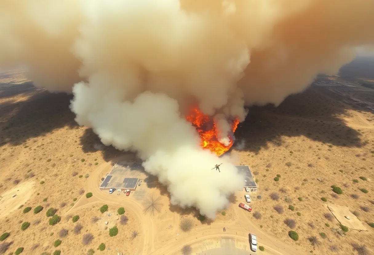 A wildfire burning in Los Angeles County with emergency responders in action