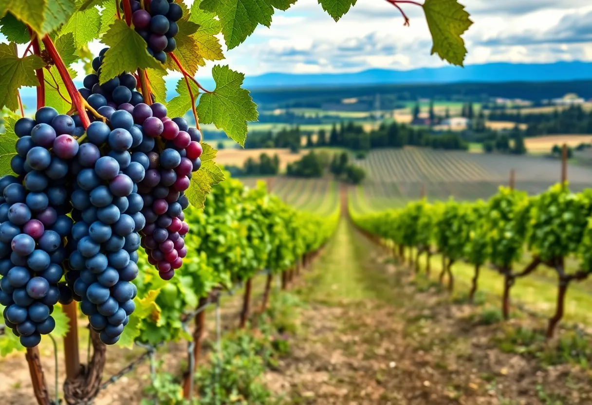 Beautiful vineyards in the Willamette Valley of Oregon with ripe grapes.