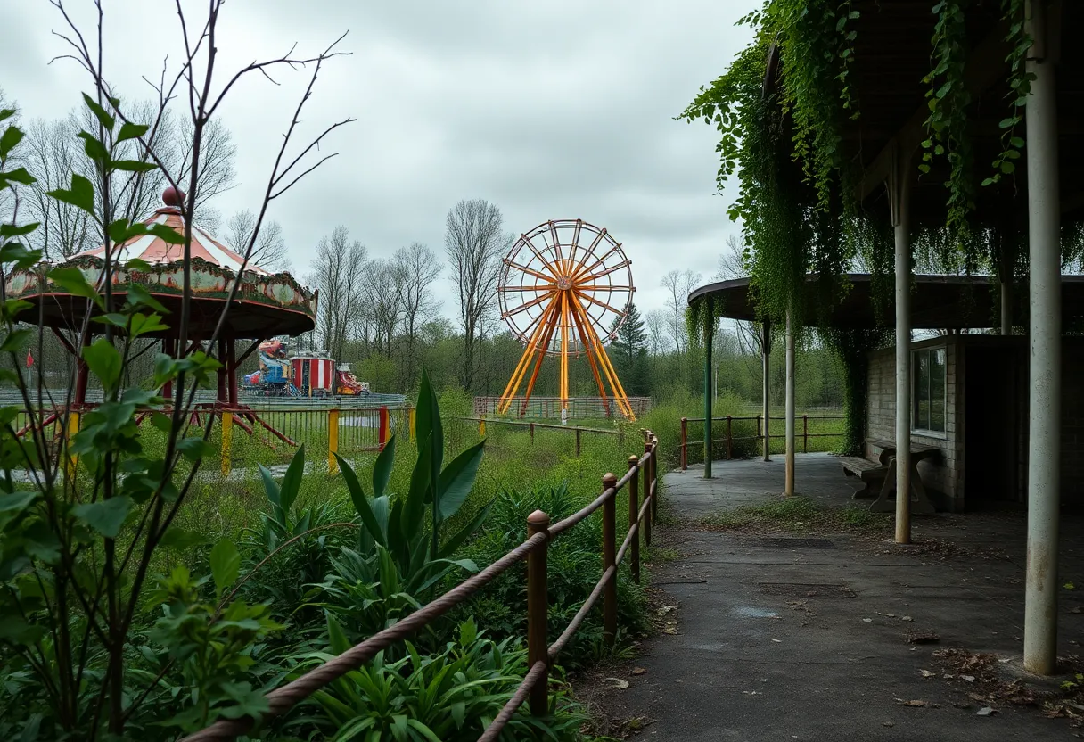 Haunting remnants of Chippewa Lake Park with overgrown rides.