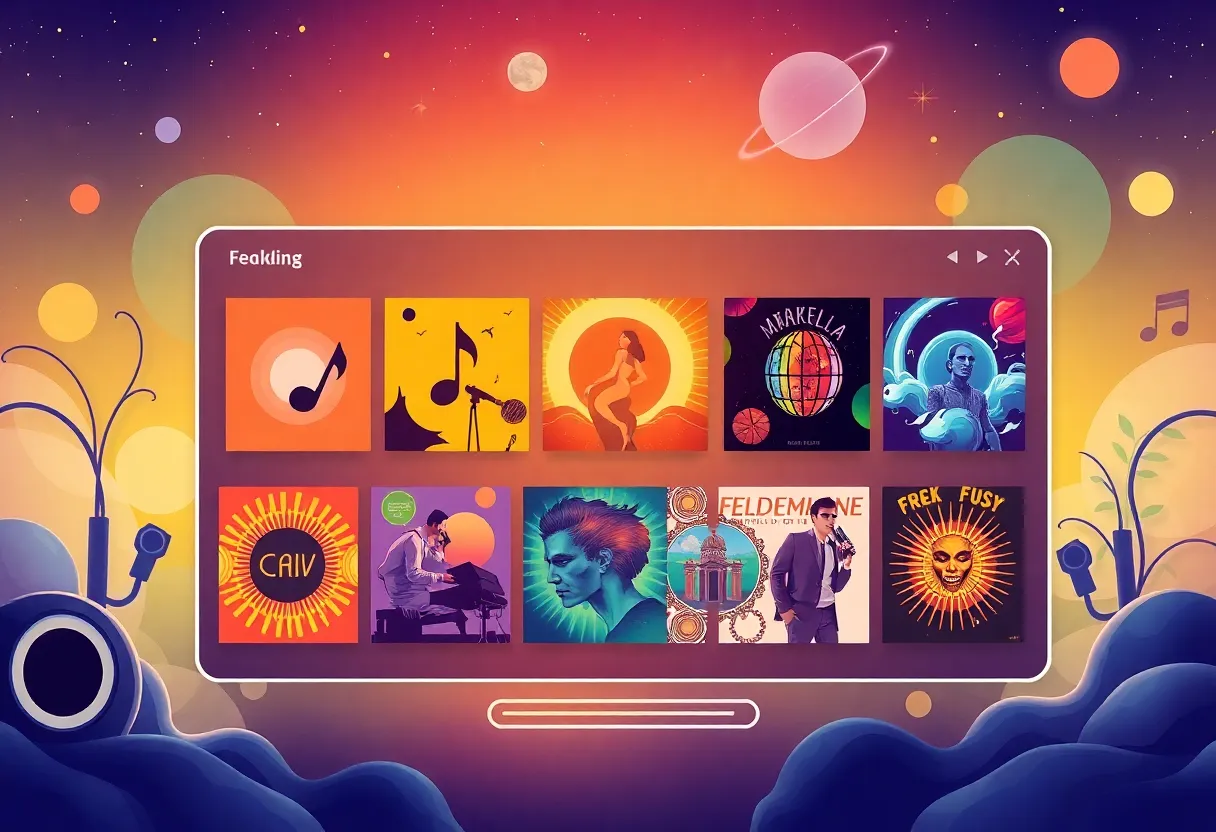 A futuristic music streaming interface showcasing various colorful AI-generated album covers.