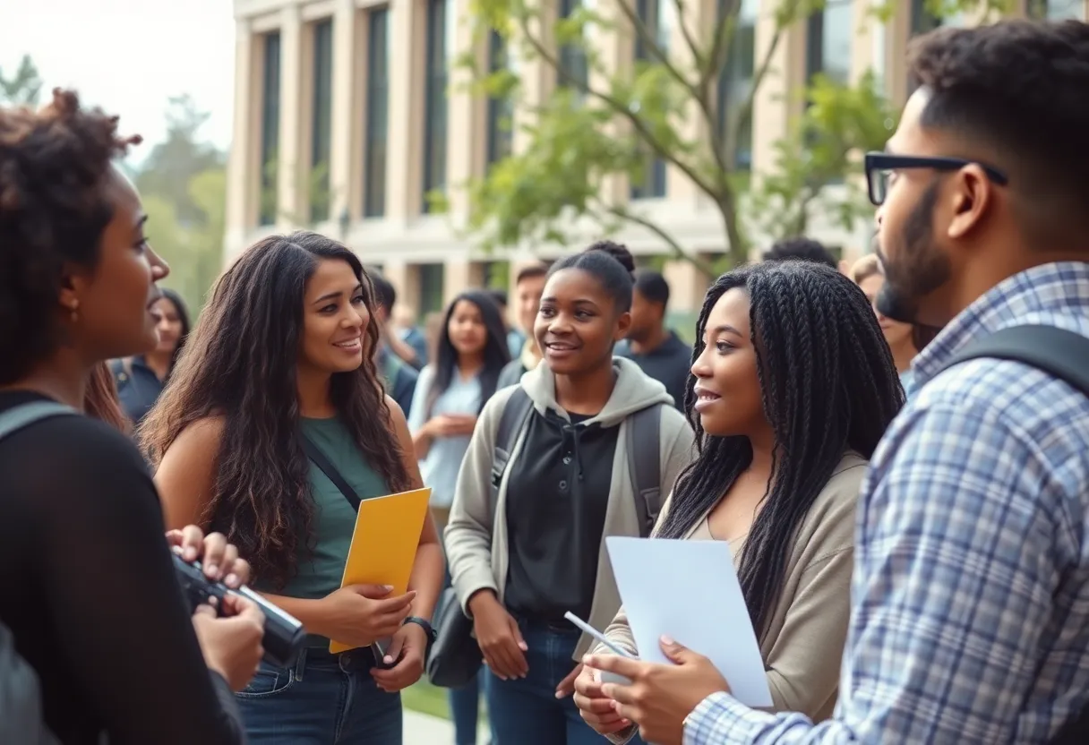 Students on a university campus discussing activism related to antisemitism investigations.