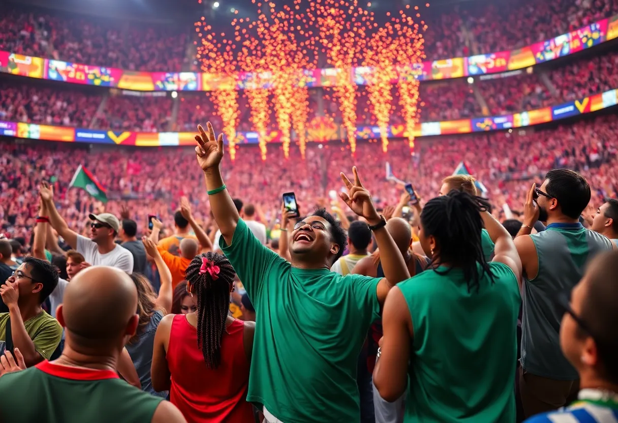 An animated depiction of a Super Bowl halftime show with diverse musical elements.