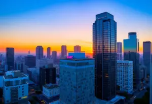 Banc of California building at sunset in downtown Los Angeles