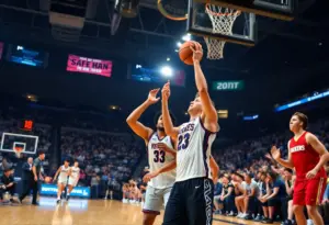 Dynamic college basketball game in action with teams competing energetically.