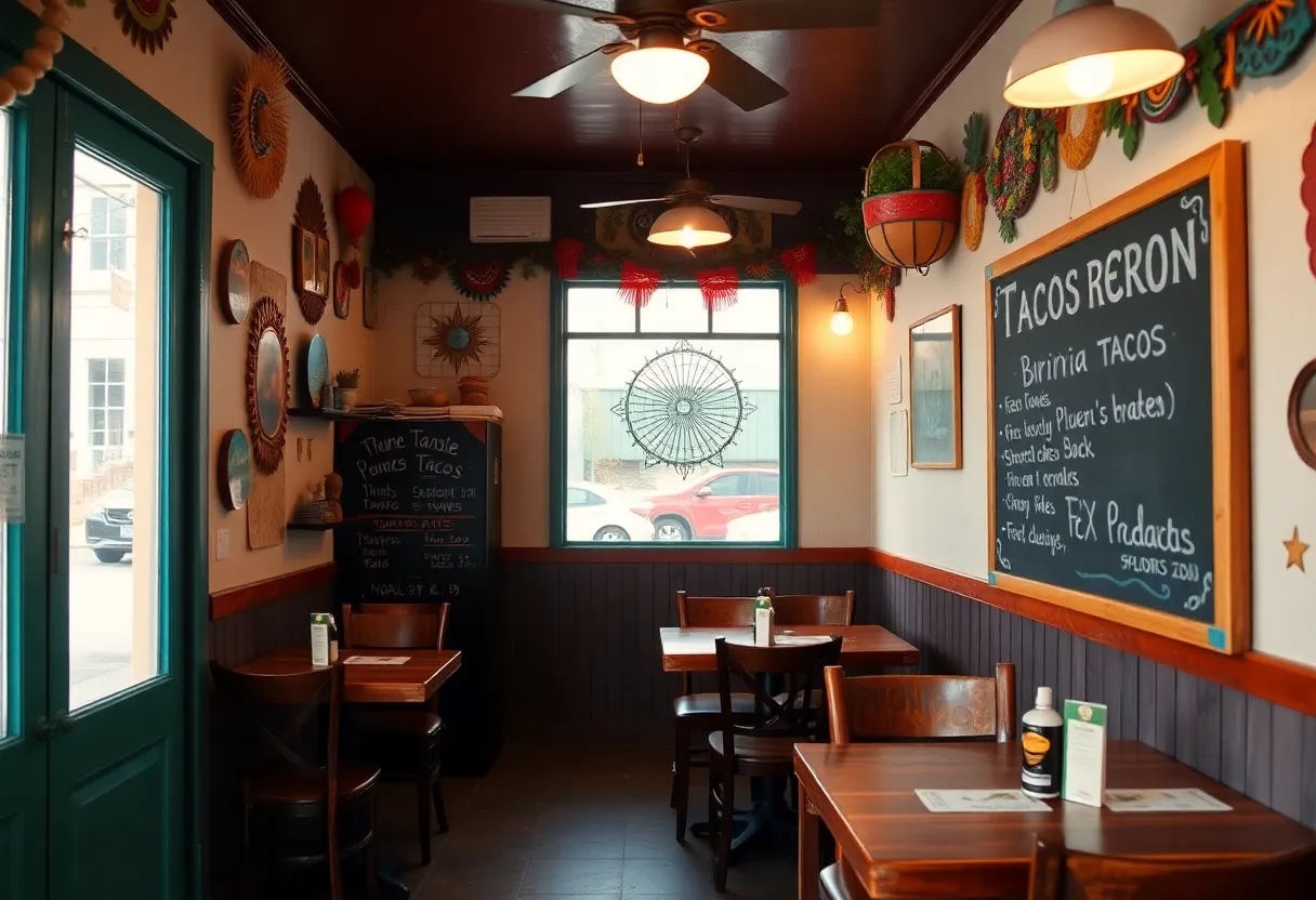 Interior of Birrieria Familia Castro taco restaurant with a cozy atmosphere.