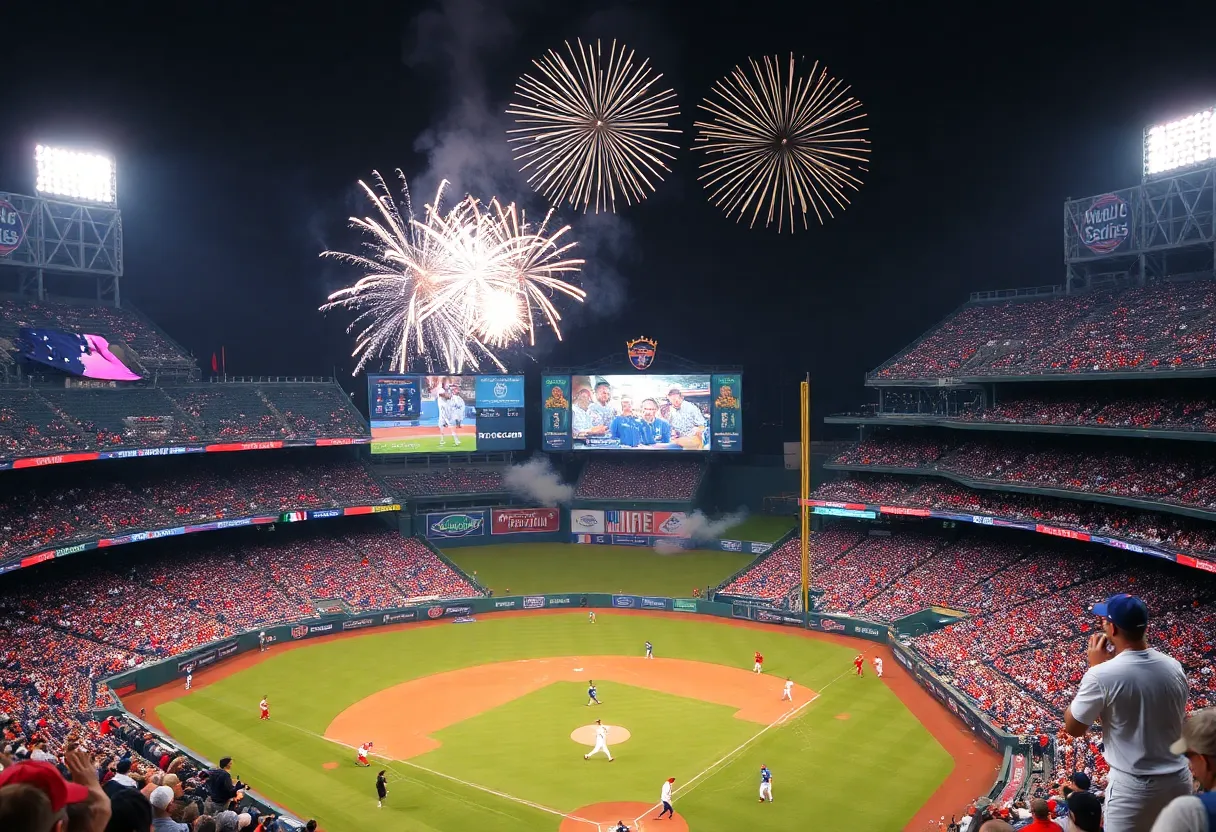 Crowd celebrating during the World Series game at the stadium