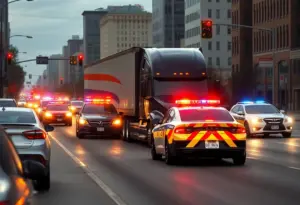 Police vehicles pursuing a semi-truck in Buena Park