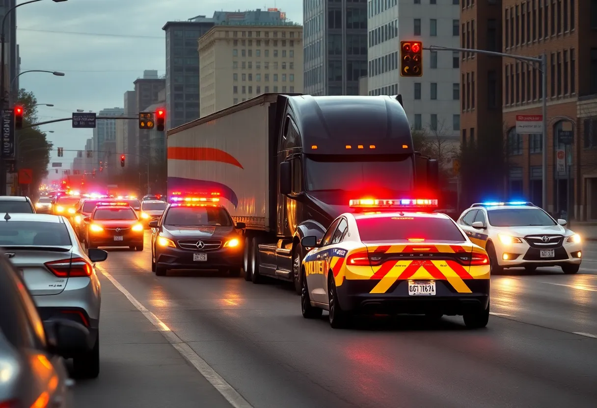 Police vehicles pursuing a semi-truck in Buena Park