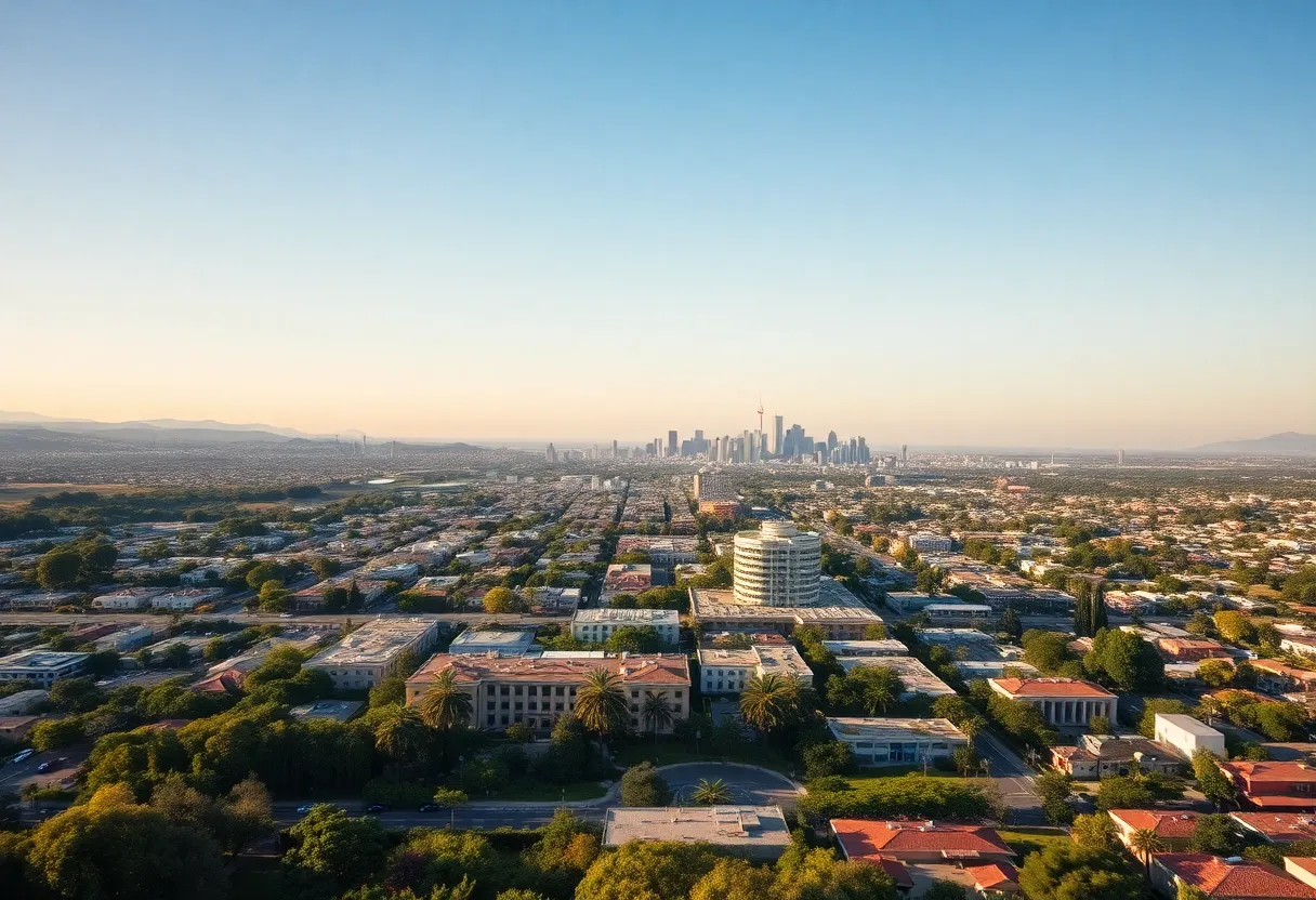 A landscape of California showcasing sustainable urban development against the backdrop of climate change impacts.