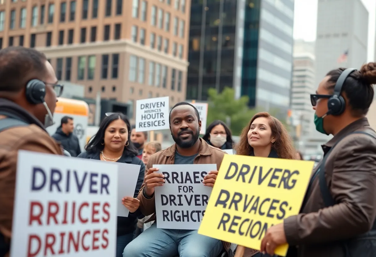Ride-hailing drivers advocating for their rights in California.