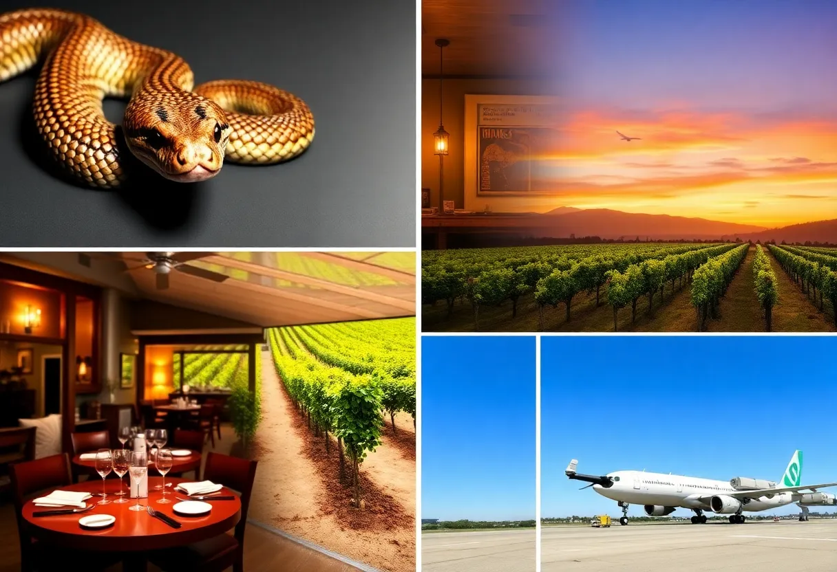 A collage representing notable events in California, featuring a pet snake, restaurant scene, wine vineyards, and an airport.