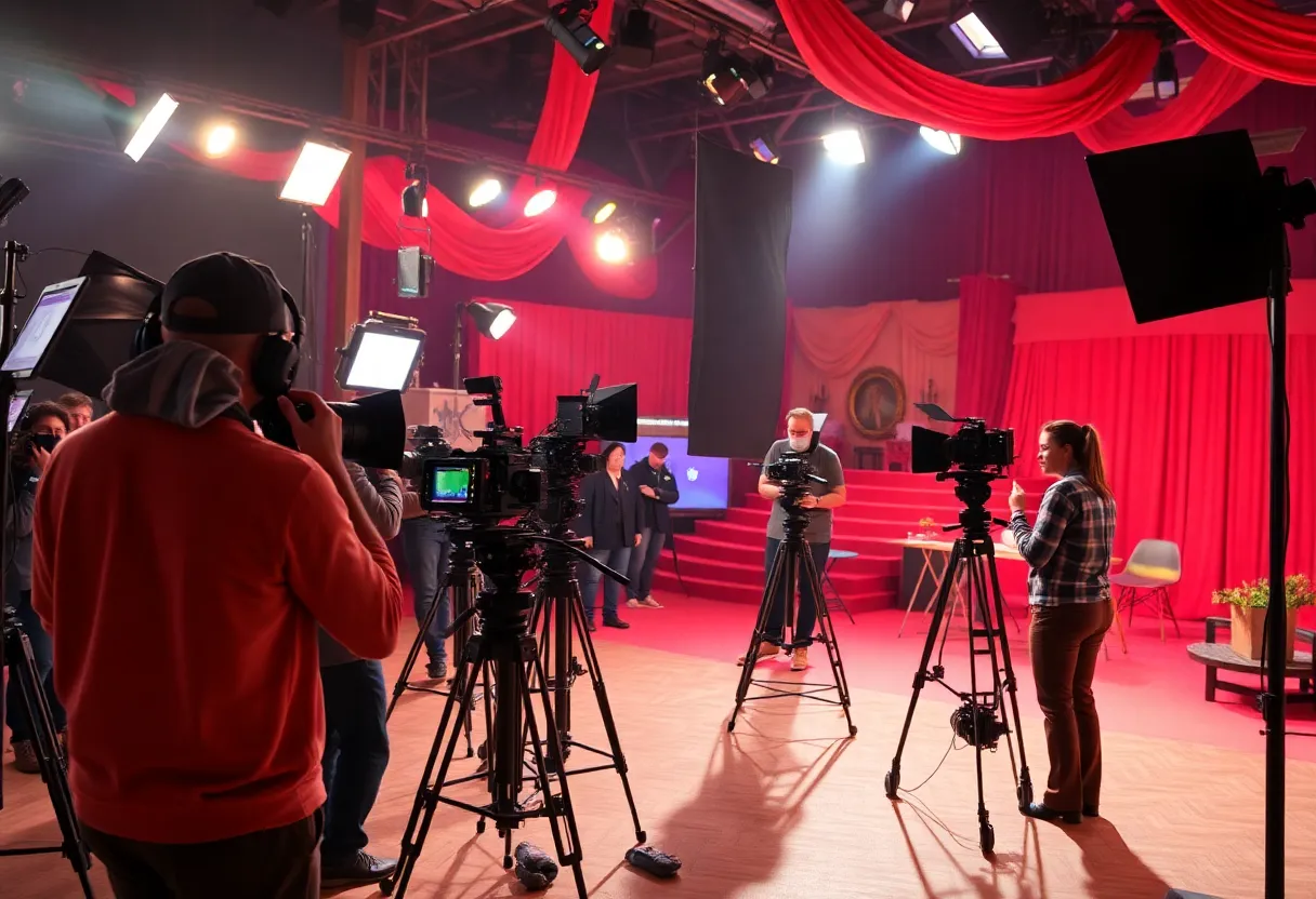 A film production set in California with crew members and equipment