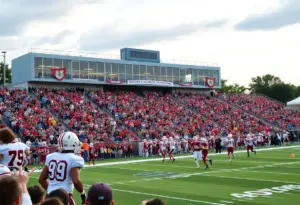 Crowd cheering in a packed stadium during high school football