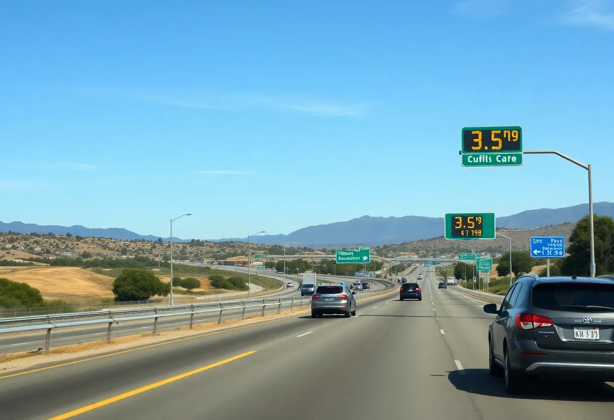 California highway with cars and gas price signs
