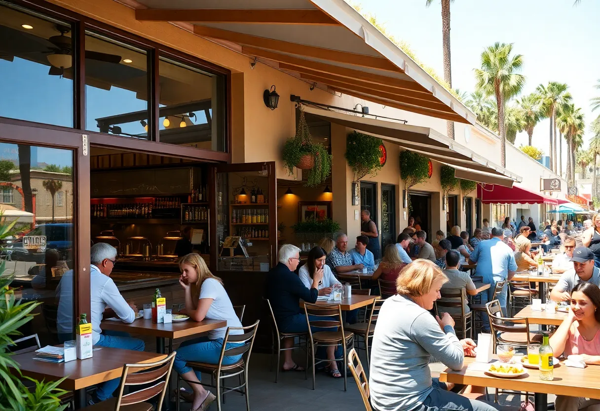 Outdoor dining scene at a California restaurant
