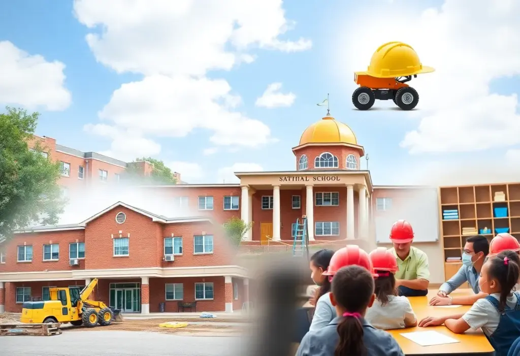 Children in a classroom with construction tools overlay, representing school facility upgrades.