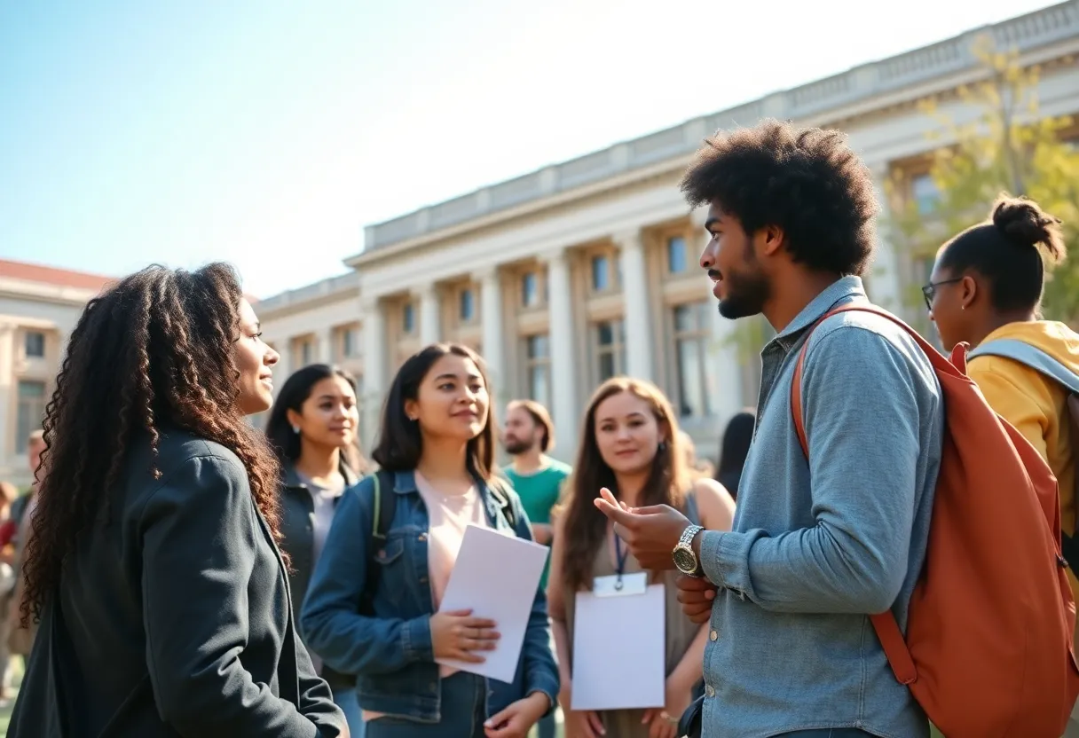 Diverse students on a university campus discussing social issues.