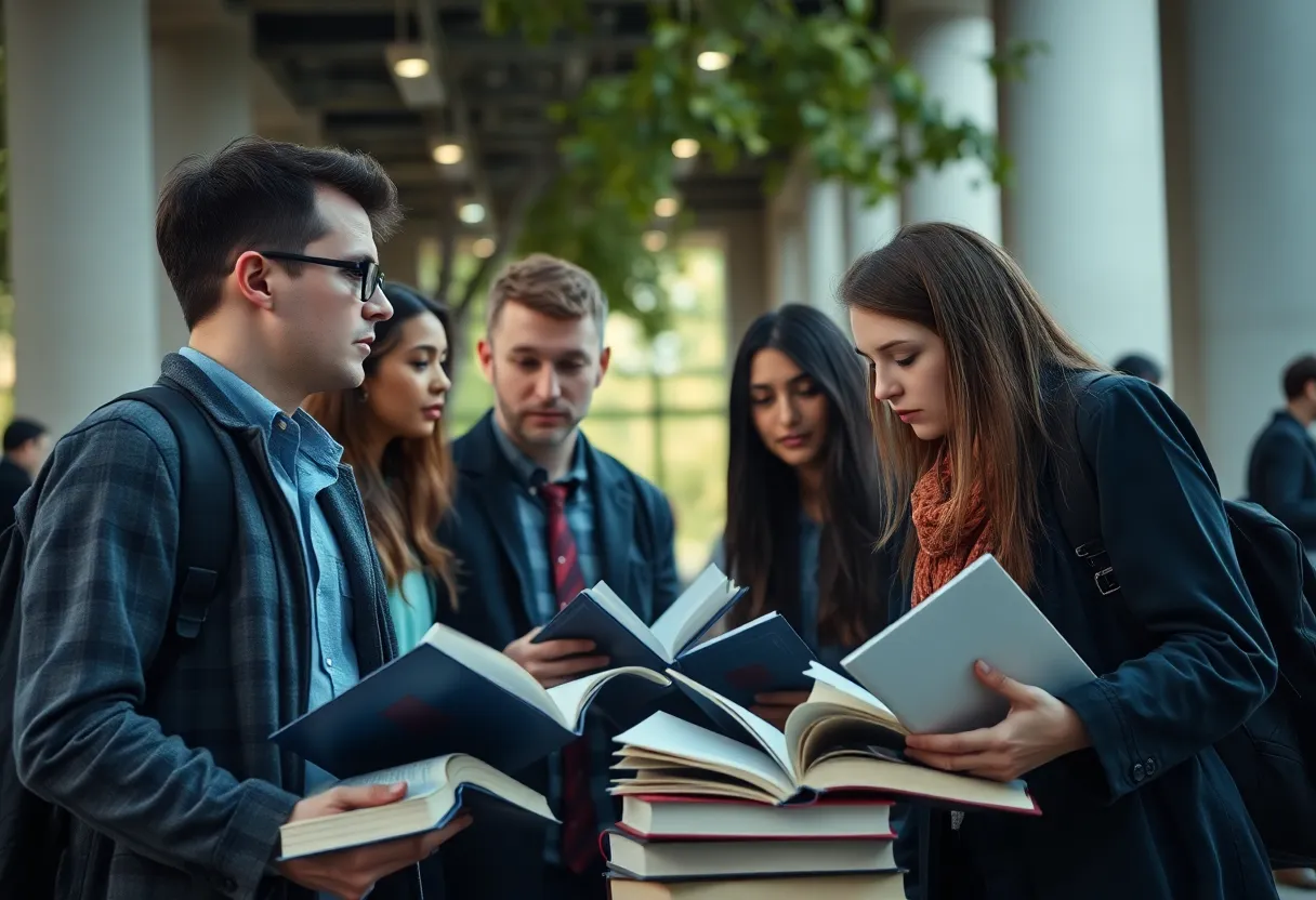 Students discussing on a university campus amid concerns of academic freedom.