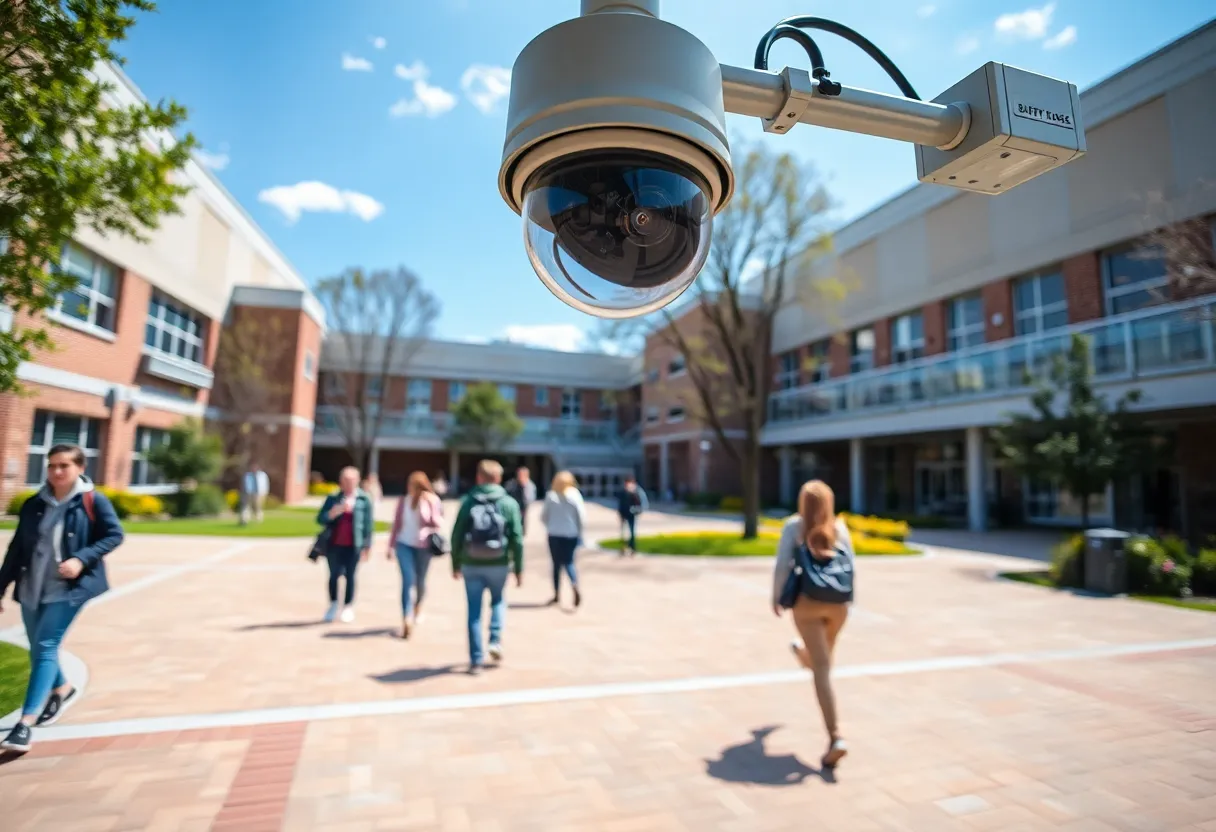 Outdoor college campus with visible security measures and students