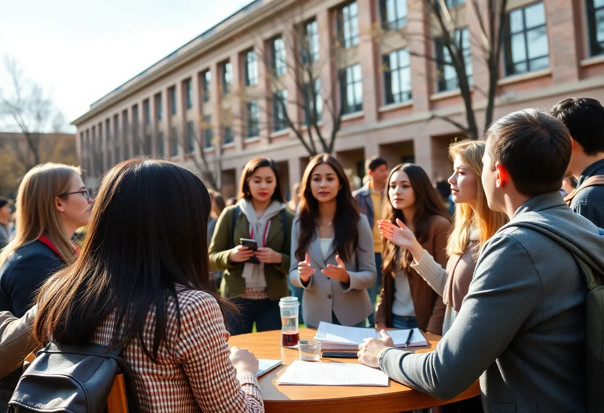 Students engaging in a lively debate on a college campus