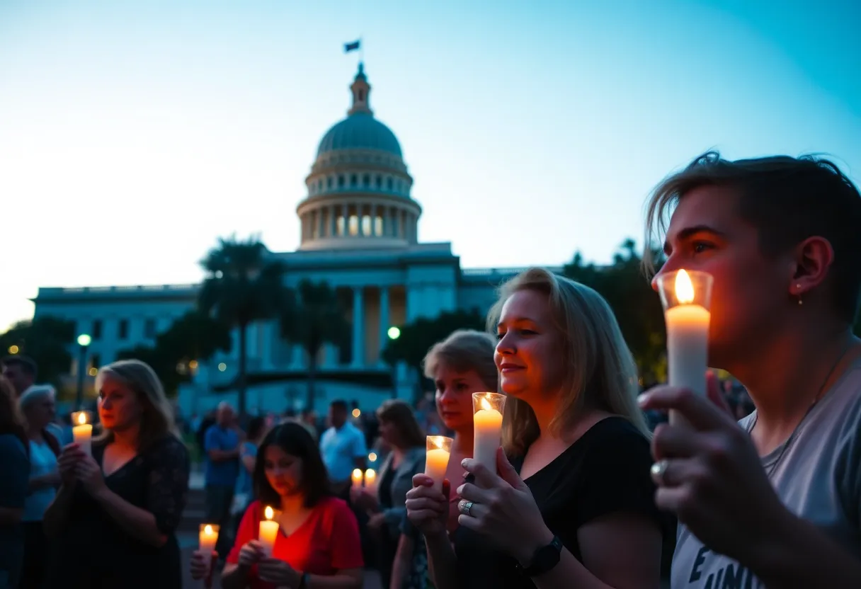 Participants holding candles during a vigil at the Florida Capitol.