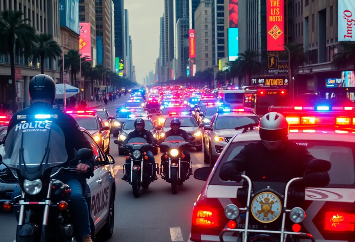 Police pursuit scene in downtown Los Angeles with motorcycle and patrol cars.