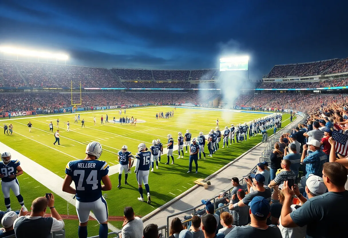 Los Angeles Chargers players preparing for a game on the field