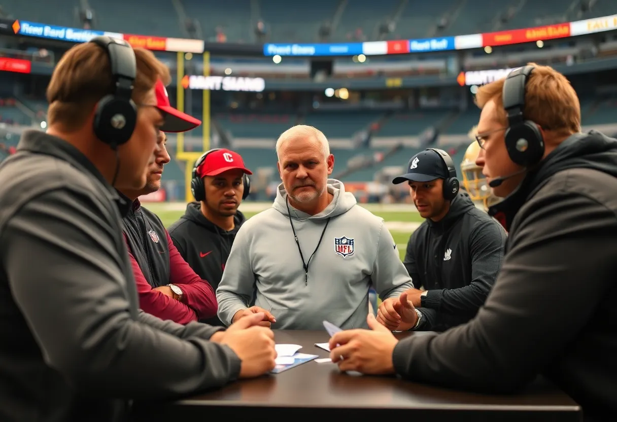 NFL coaches discussing trade strategies during a team meeting.