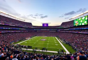 Chargers vs Vikings football game at SoFi Stadium with fans in the stands.