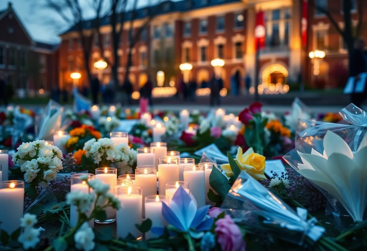 Candles and flowers at a memorial for Charlie Kirk
