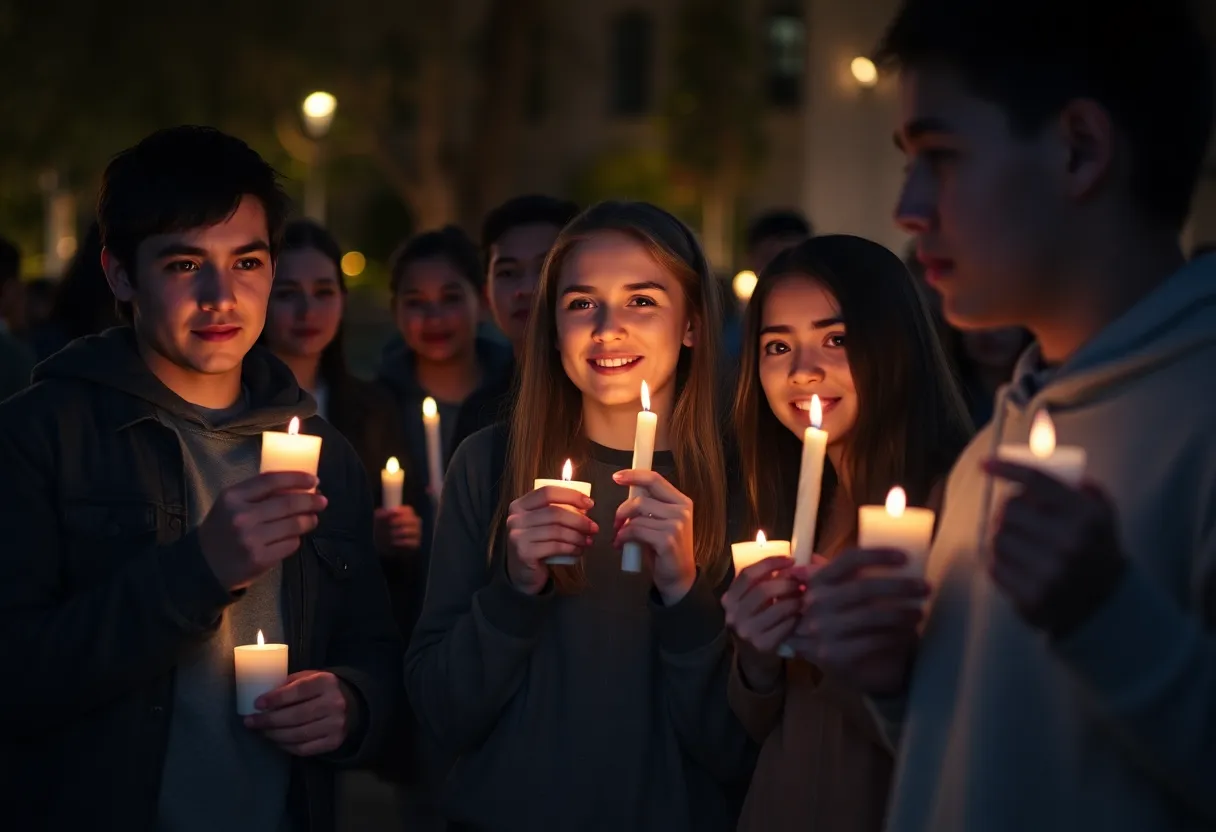 Students holding candles in remembrance at the vigil for Charlie Kirk