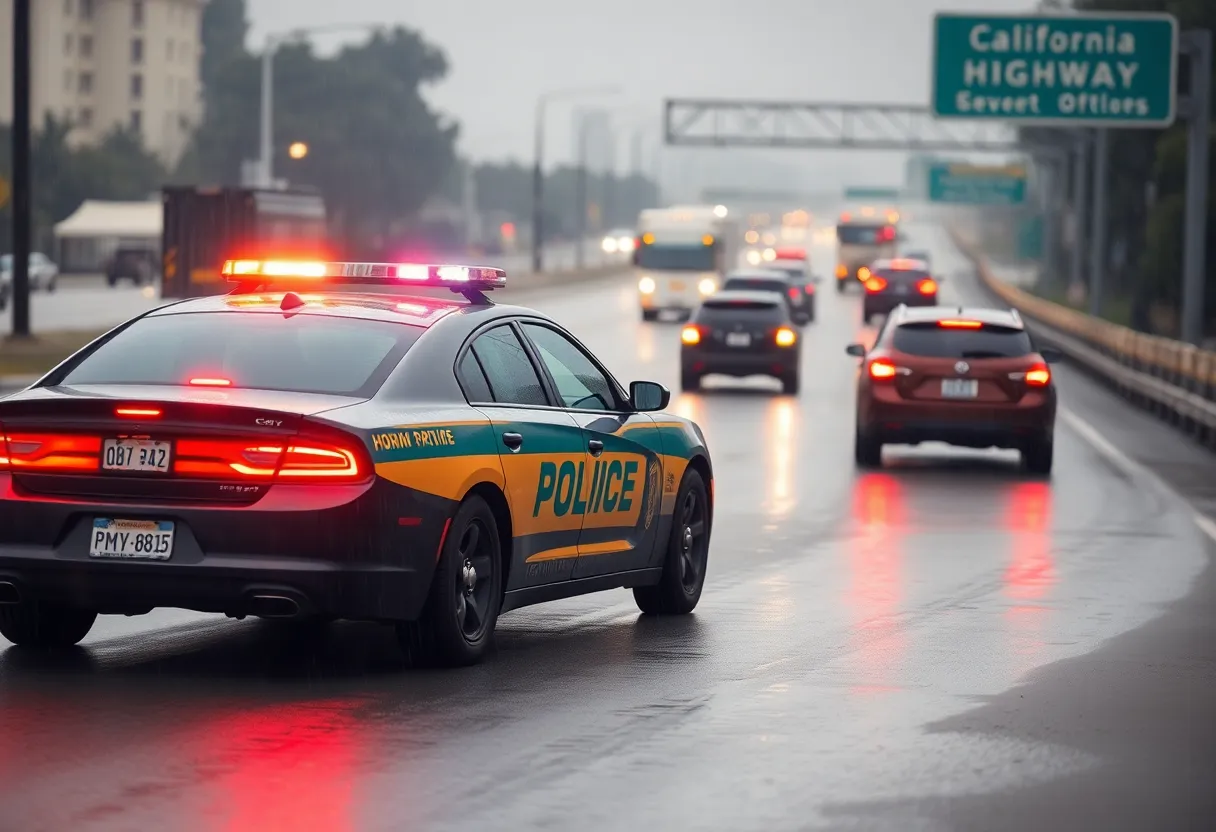 California Highway Patrol car on a rainy freeway