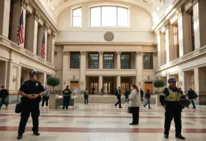An empty Los Angeles City Hall during a safety incident