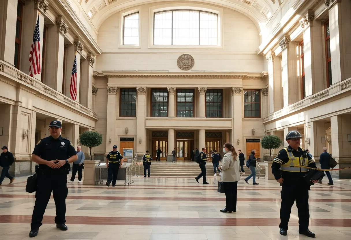 An empty Los Angeles City Hall during a safety incident