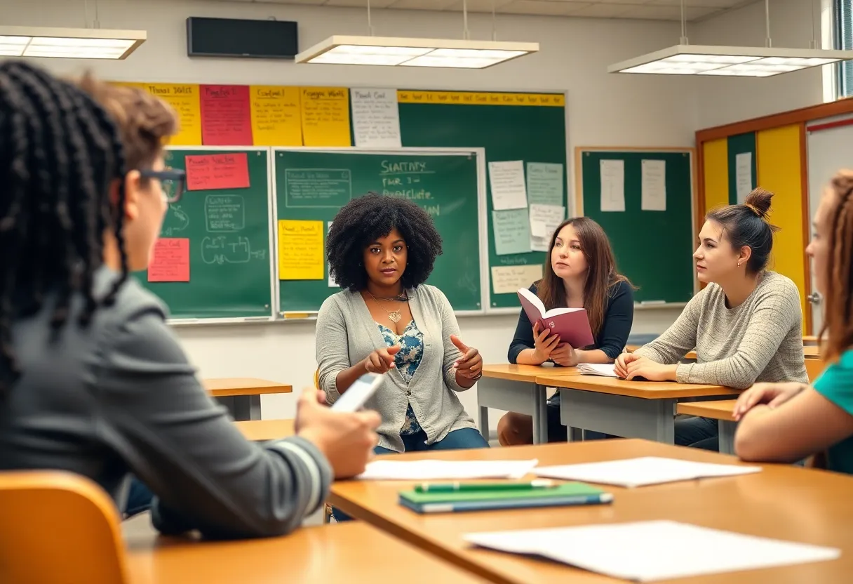 Teachers discussing free speech in a classroom