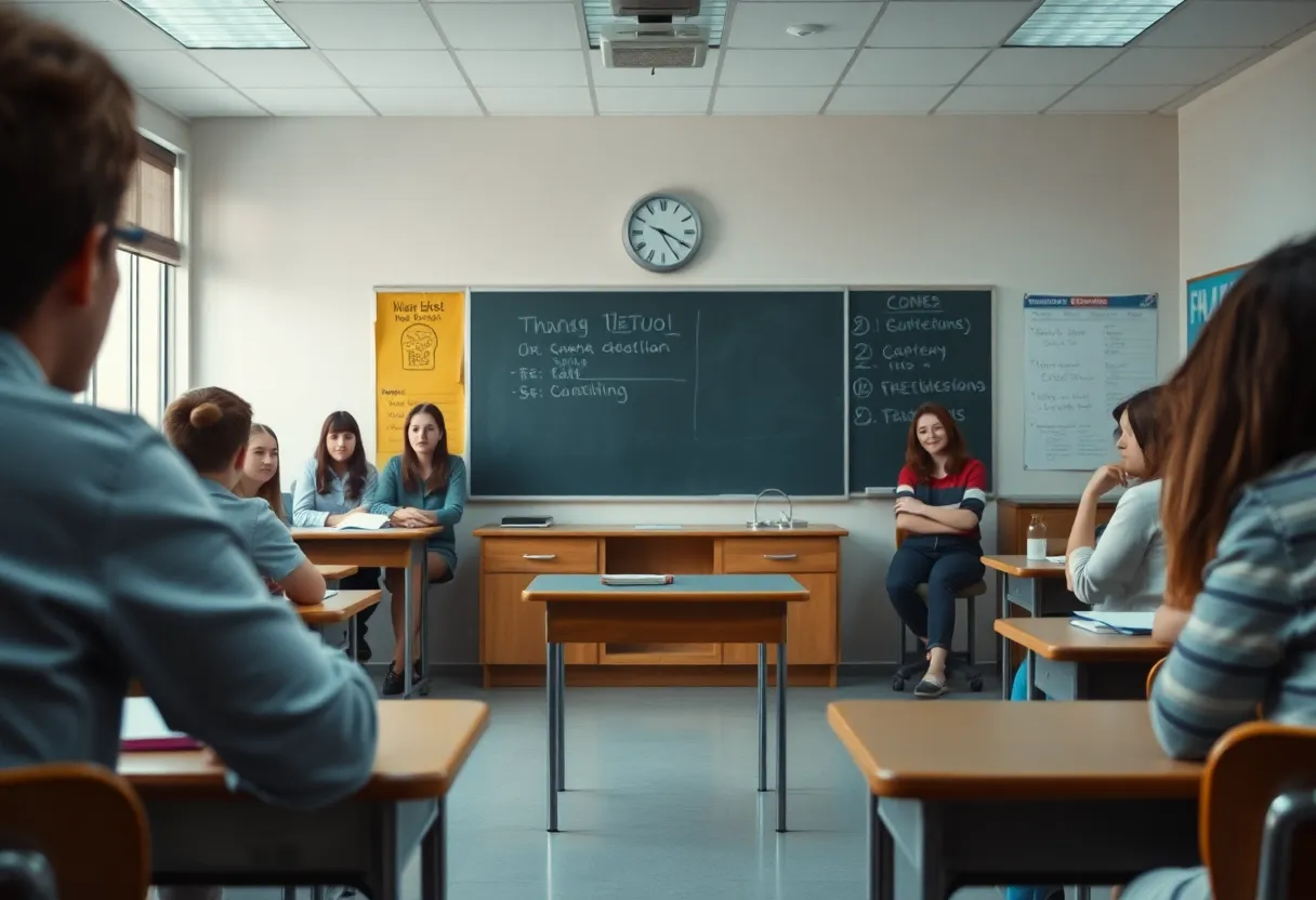 A classroom setting reflecting tension over recent events involving a teacher and political issues.
