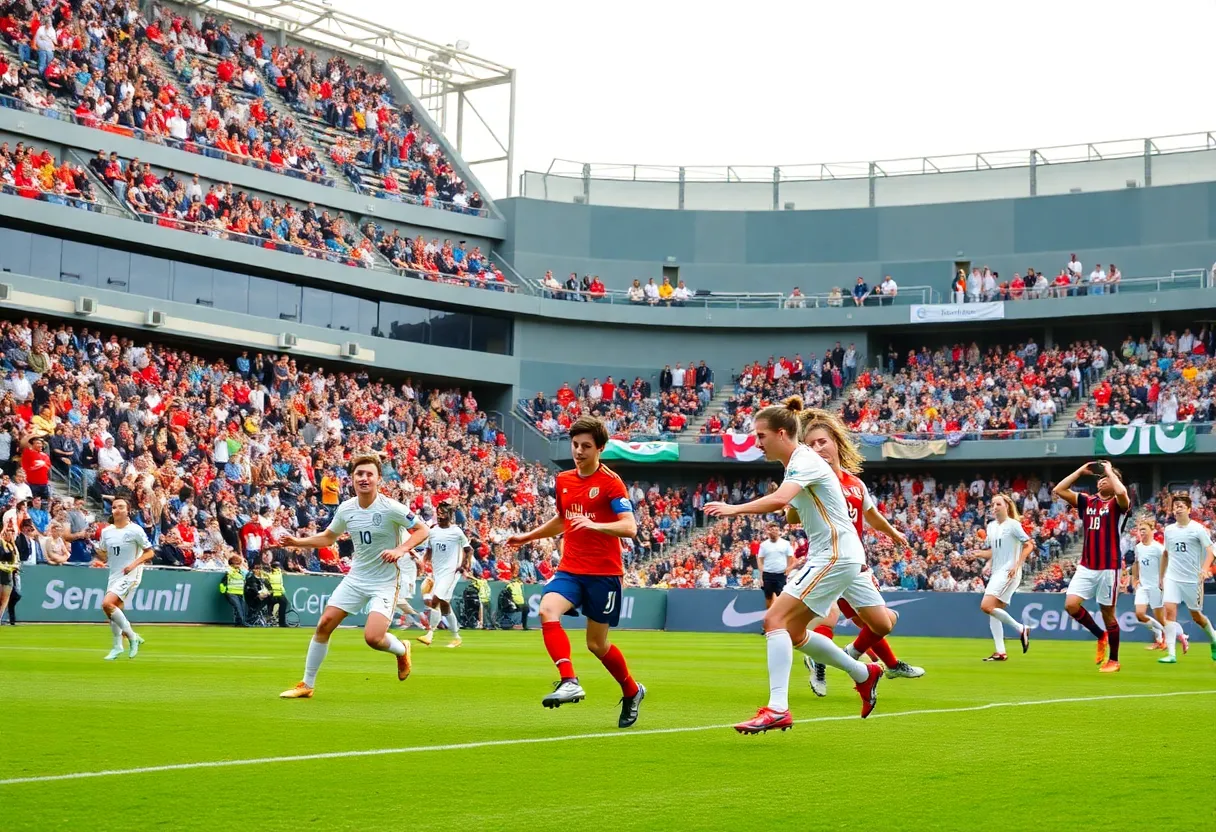 Soccer teams in action during a collegiate match at a stadium with spectators.