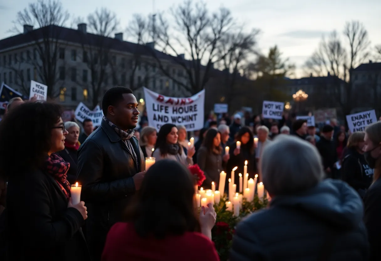 People gathering to honor a historical figure's legacy with candles and banners.