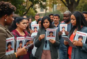 Volunteers gather to search for a missing person with flyers.