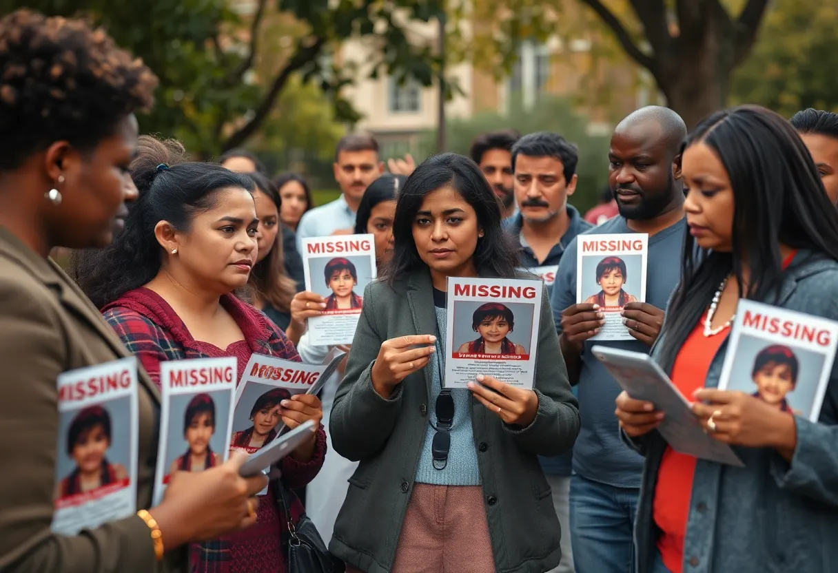 Volunteers gather to search for a missing person with flyers.