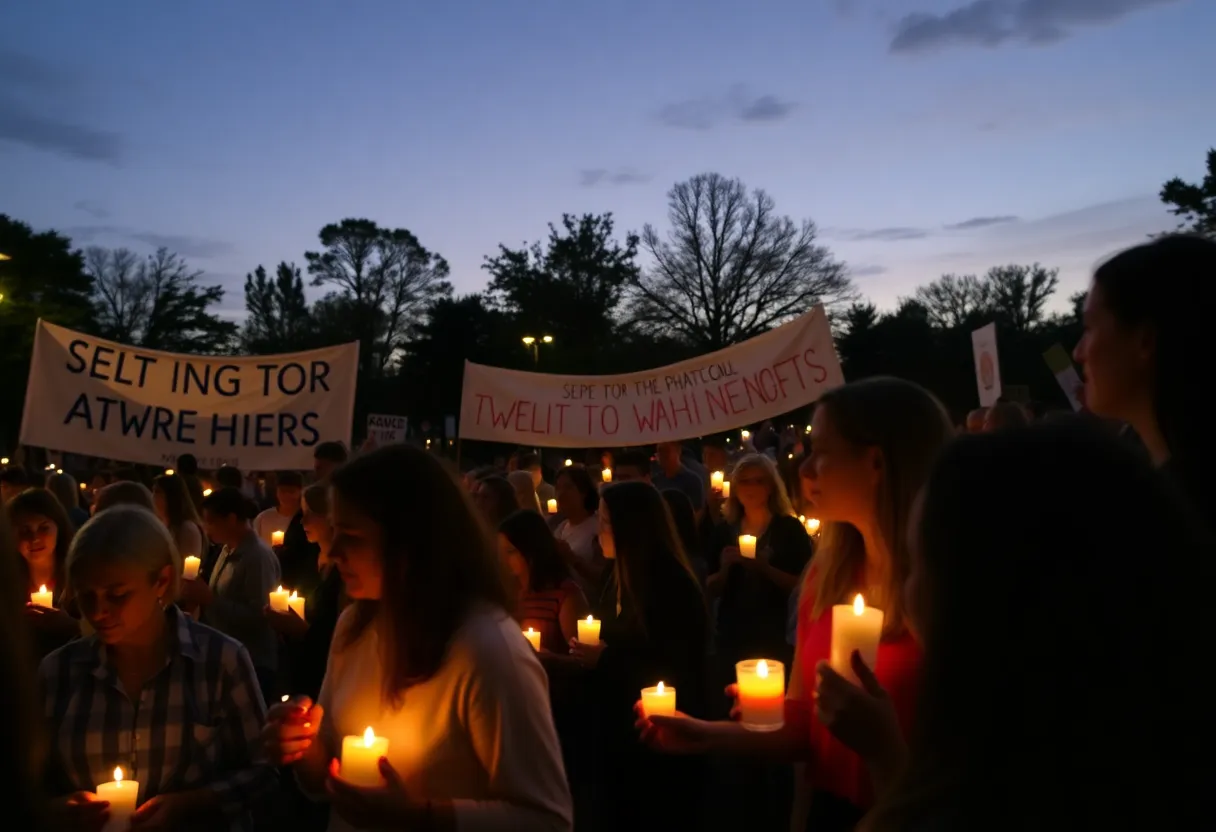 Community members holding candles in memory of Charlie Kirk.