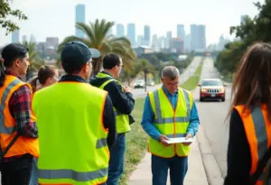Volunteers in reflective vests monitoring immigration activity in Los Angeles.