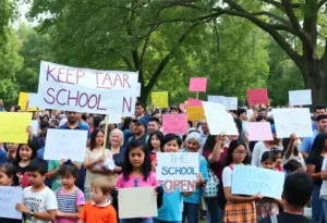 Community members rallying to support Dawes Elementary School's continued operation, holding signs.