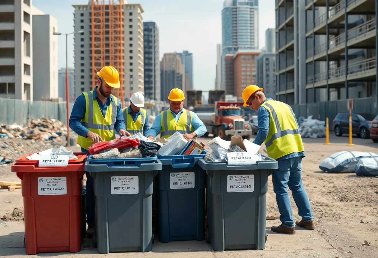Workers managing construction waste at a Los Angeles building site