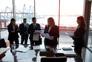 Group of attorneys in a law office discussing legal documents with a port in the background
