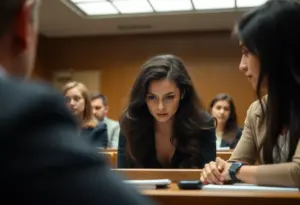 Courtroom filled with people attending a serious trial