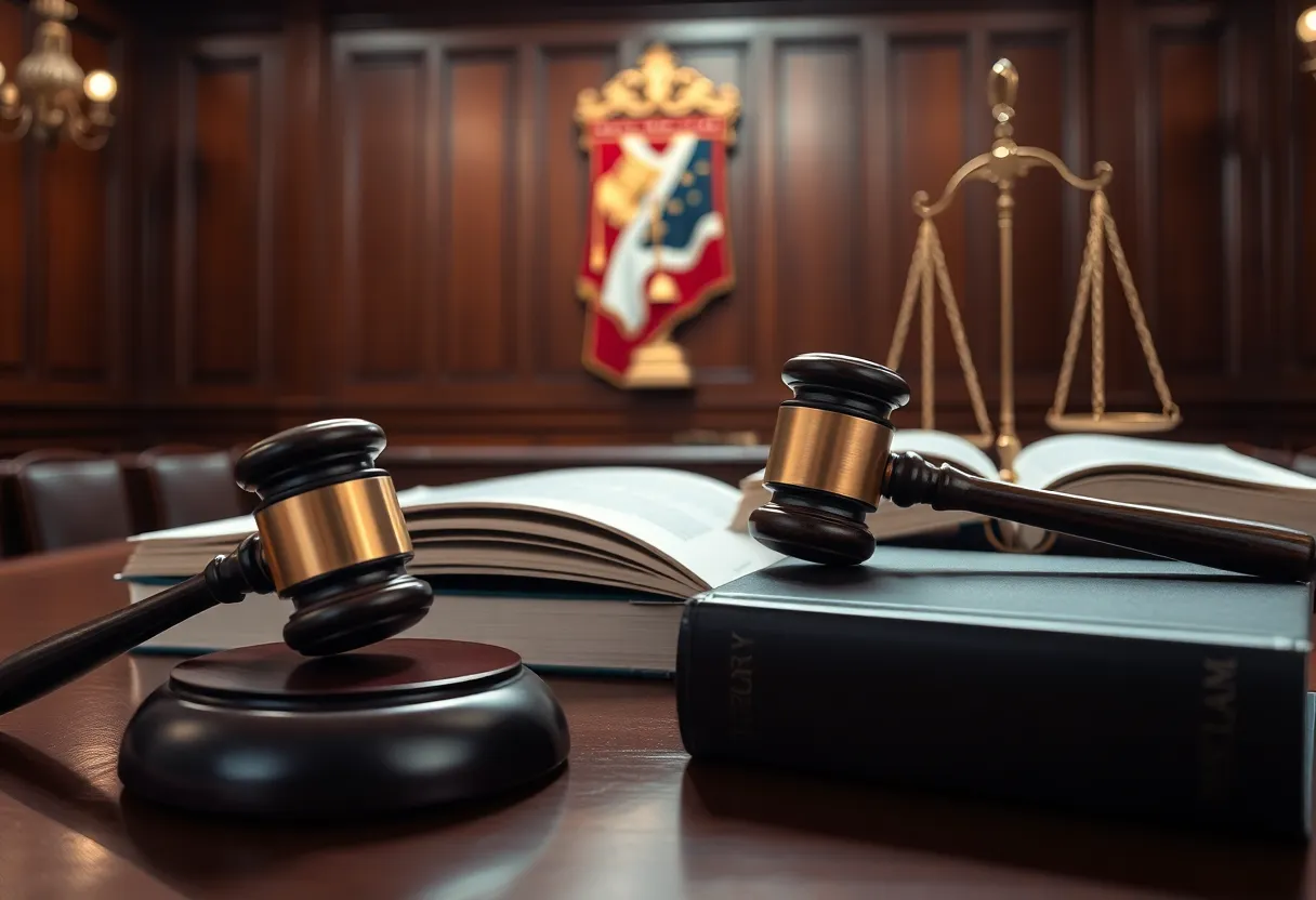 A courtroom with a judge's gavel and legal books