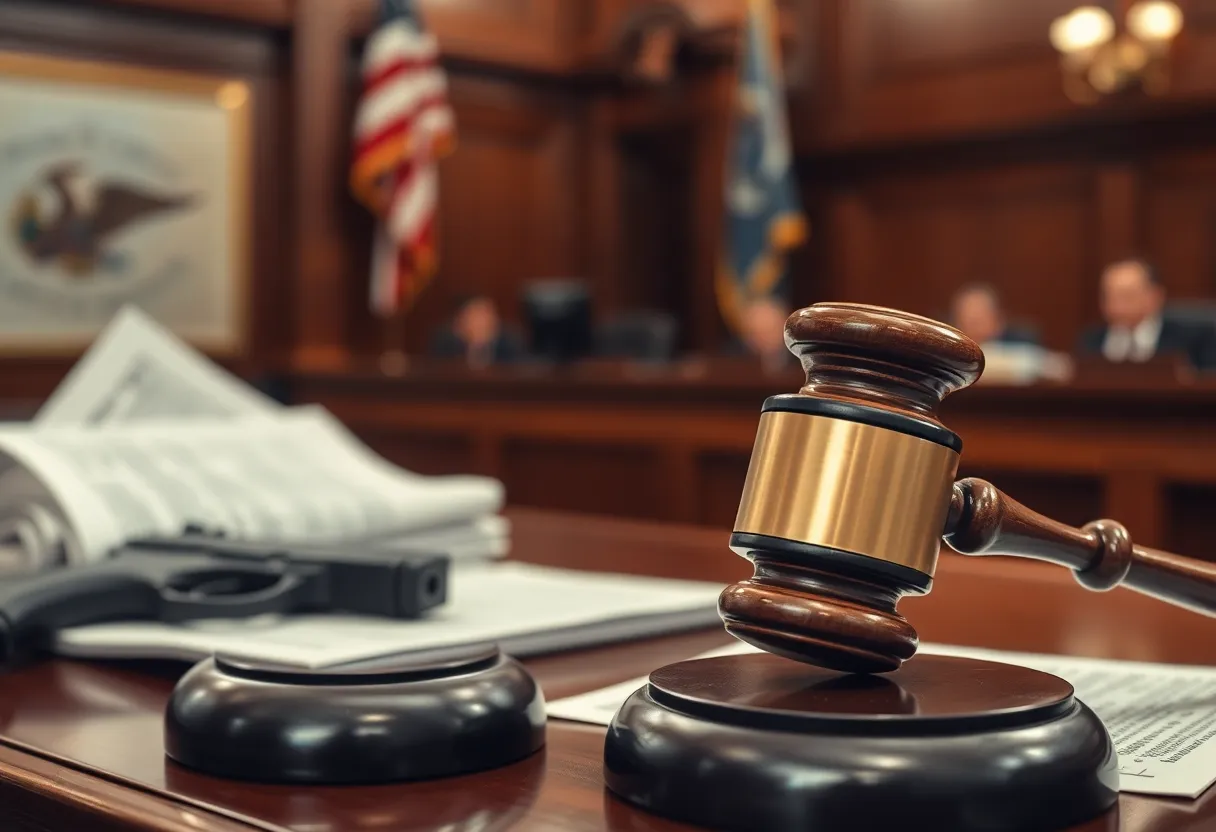 Courtroom scene symbolizing a legal battle over concealed carry permits.