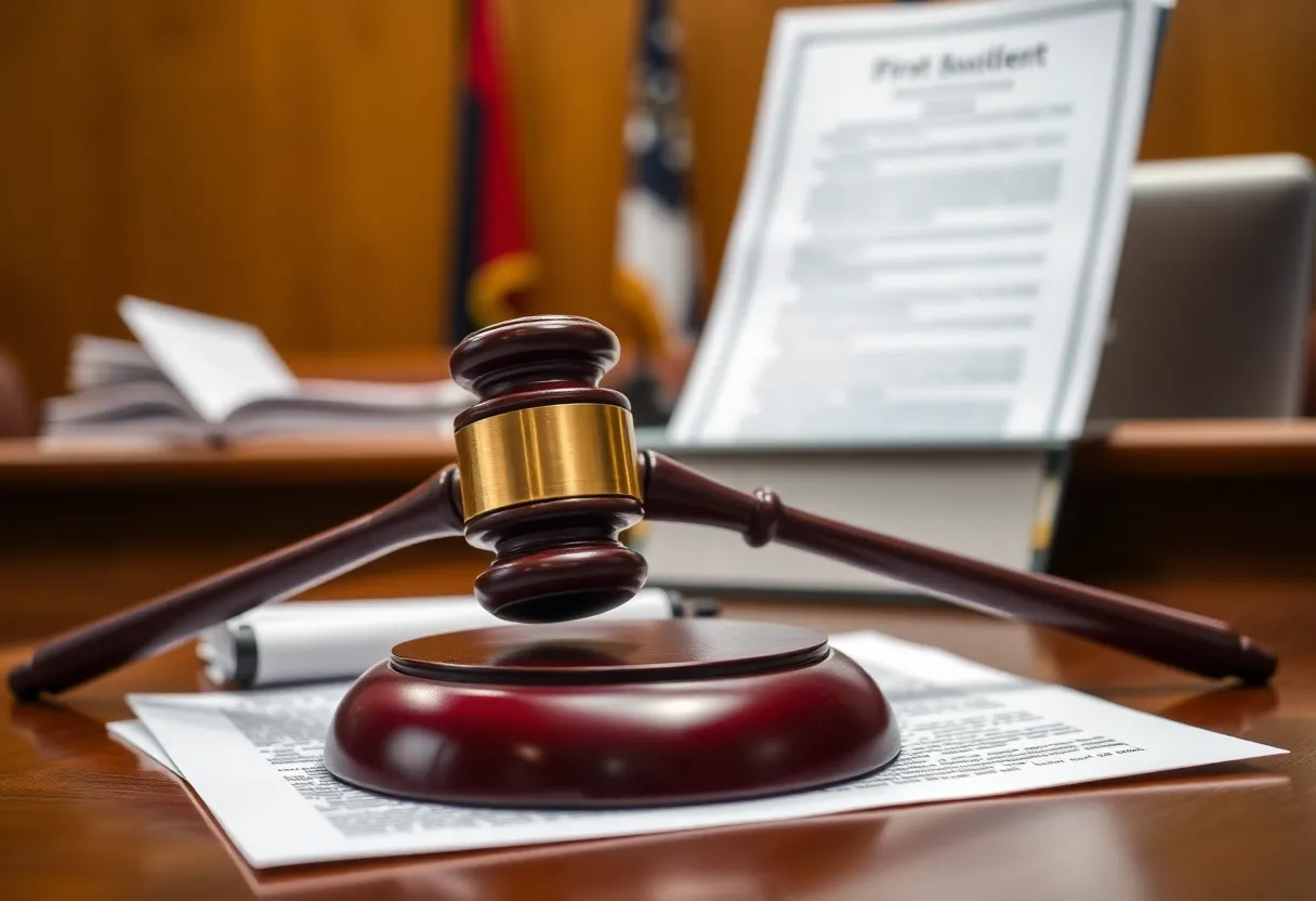 Courtroom with legal documents and gavel depicting a First Amendment case