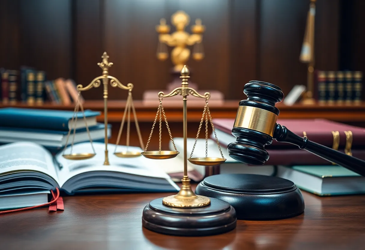 Courtroom scene depicting justice and legal representation